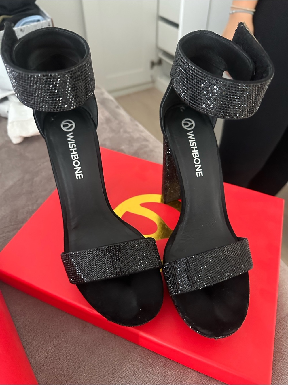 Wishbone Black Sparkle Block Heel Sandals - Picture 3 of 5